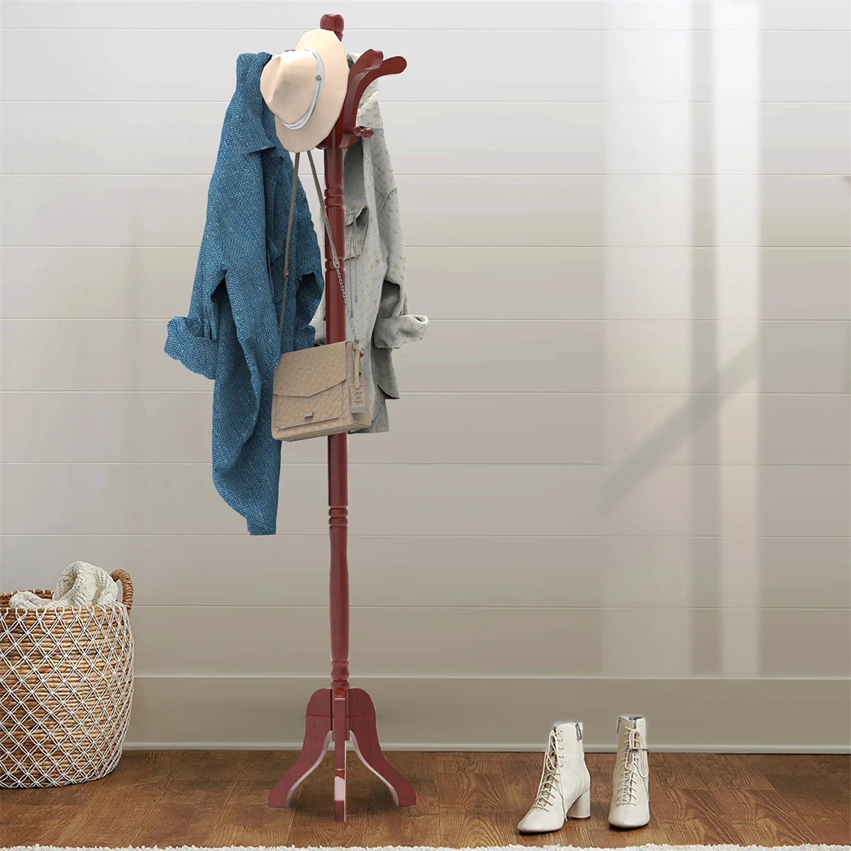 

Wooden Coat Rack Stand, Solid Wood Hall Coat Tree with 13 Hooks Height Adjustable Free Standing Entryway Garment Clothes Hanger