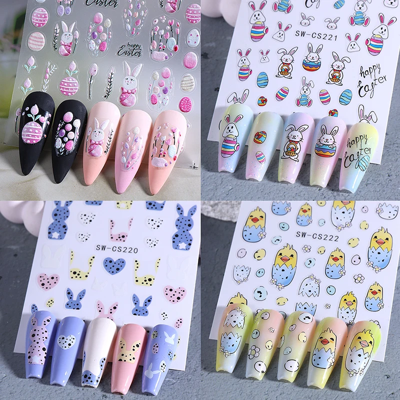 

Easter Bunny Nail Art Stickers 3D Cute Cartoon Rabbit Egg Flower Nail Decals Sliders For Women DIY Kawaii Manicure Decoration