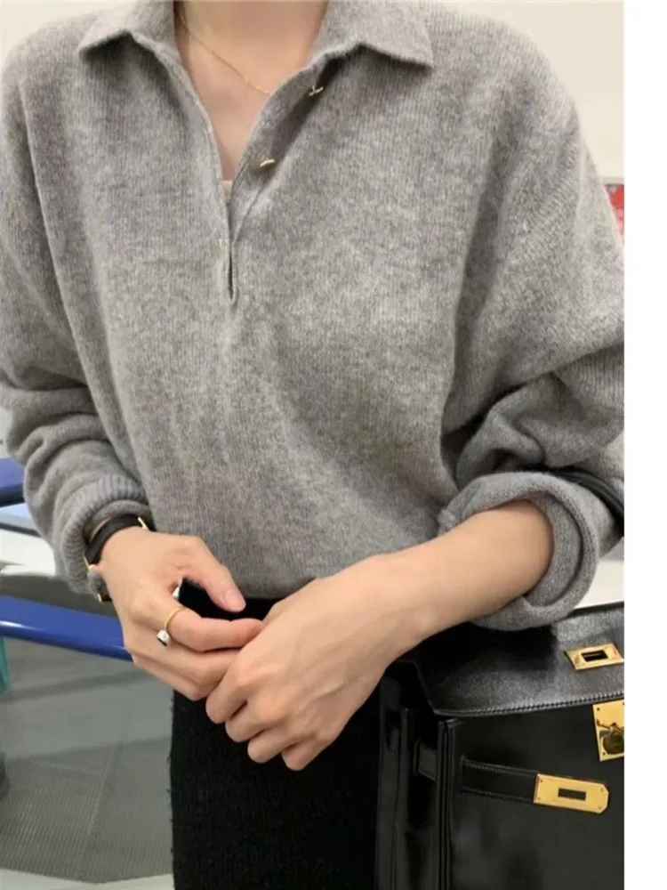 French vintage POLO neck cashmere sweater women's autumn and winter loose all-match gray sweater casual fleece