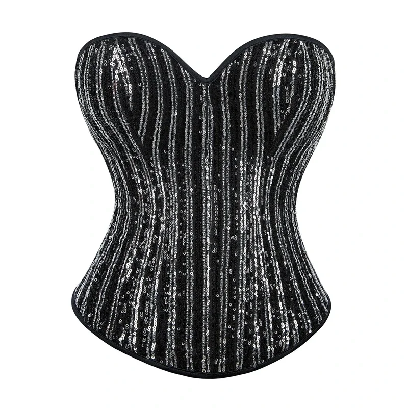 

Women Gothic Overbust Corset Tops Vintage Silver Sequin Corset with Zipper Sexy Black Lace-up Boned Bustier Shapewear Korset