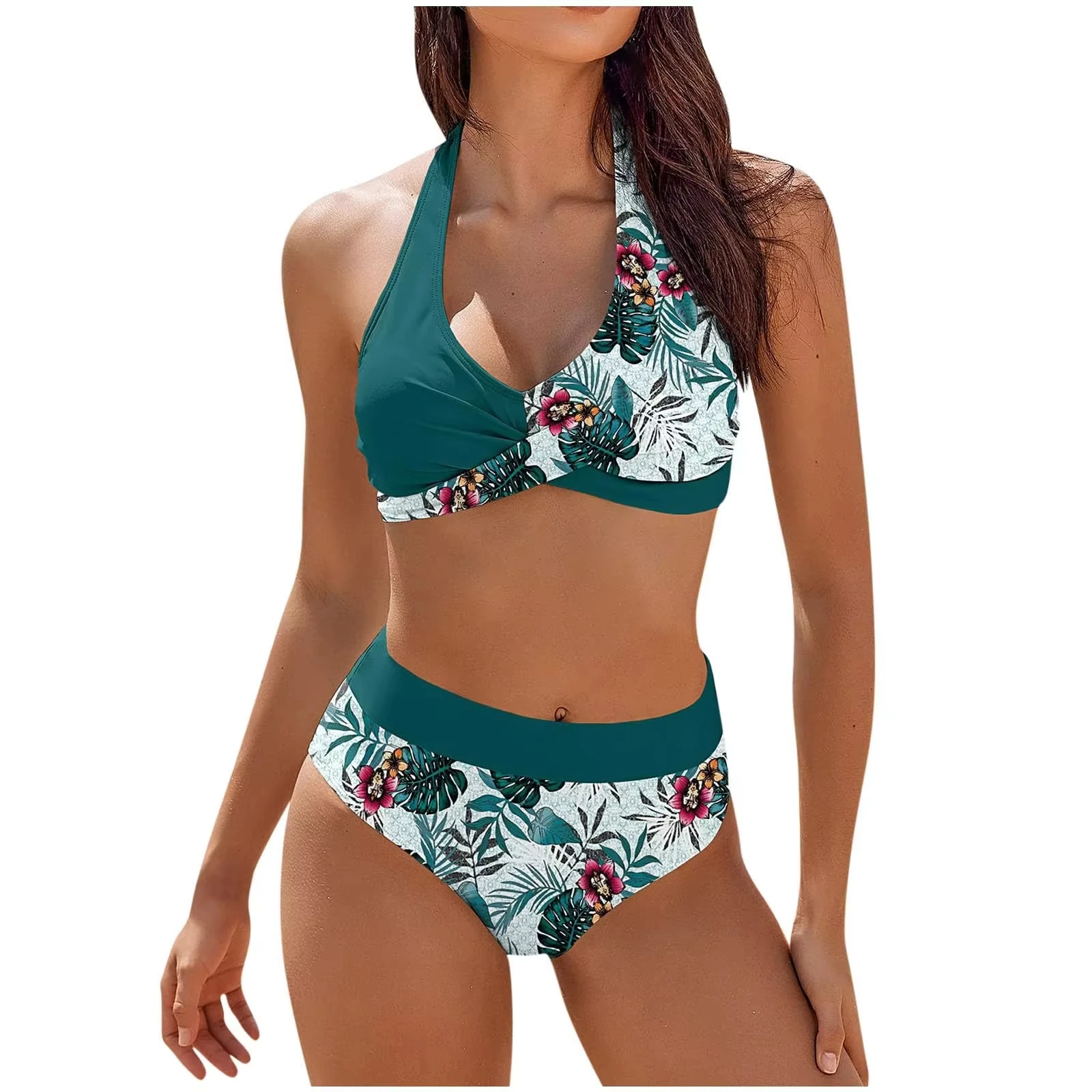 bikini Beach Colour Block Floral Printed Women's Swimsuit High Waist Two Piece For Teenagers biquinis feminino tendência