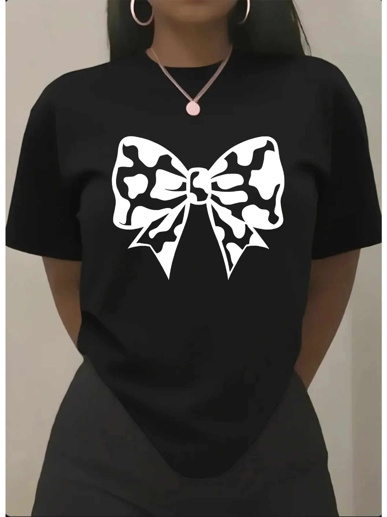 

Chic Bow Geometric Pattern Harajuku Sleeve Casual Clothing Street Tops Tees New Aesthetic Clothes Women'S Casual Summer T-Shirt
