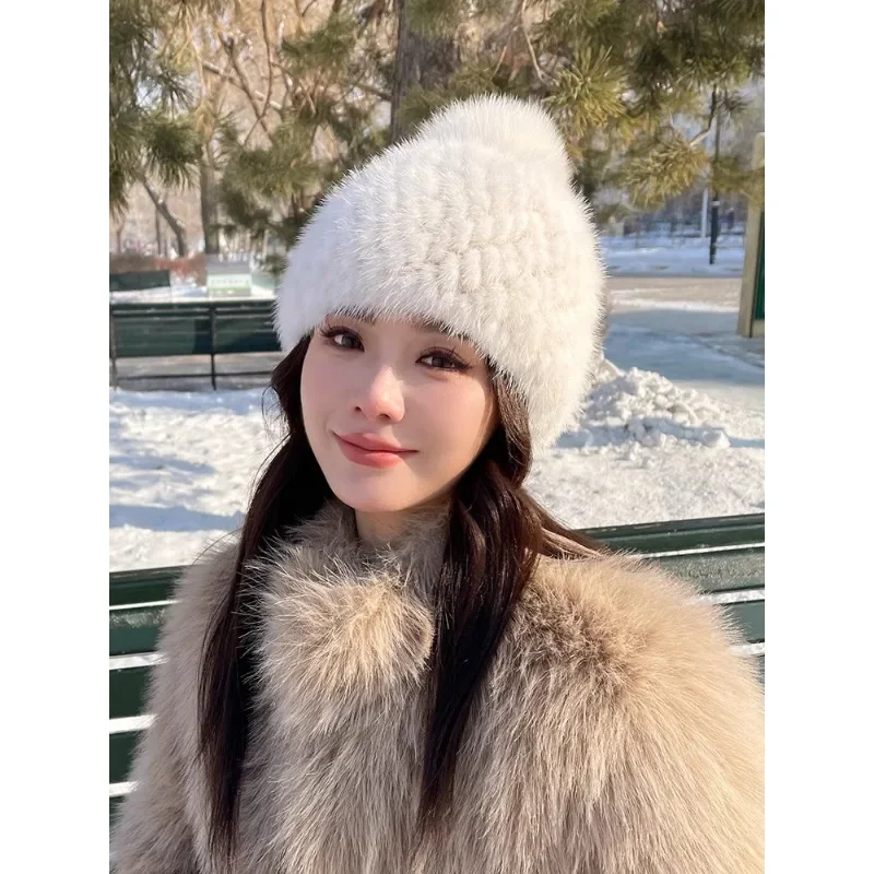 New Women's Mink Hair Hat Woven Fur Hat Fox Hairball Pineapple Ear Cap Winter