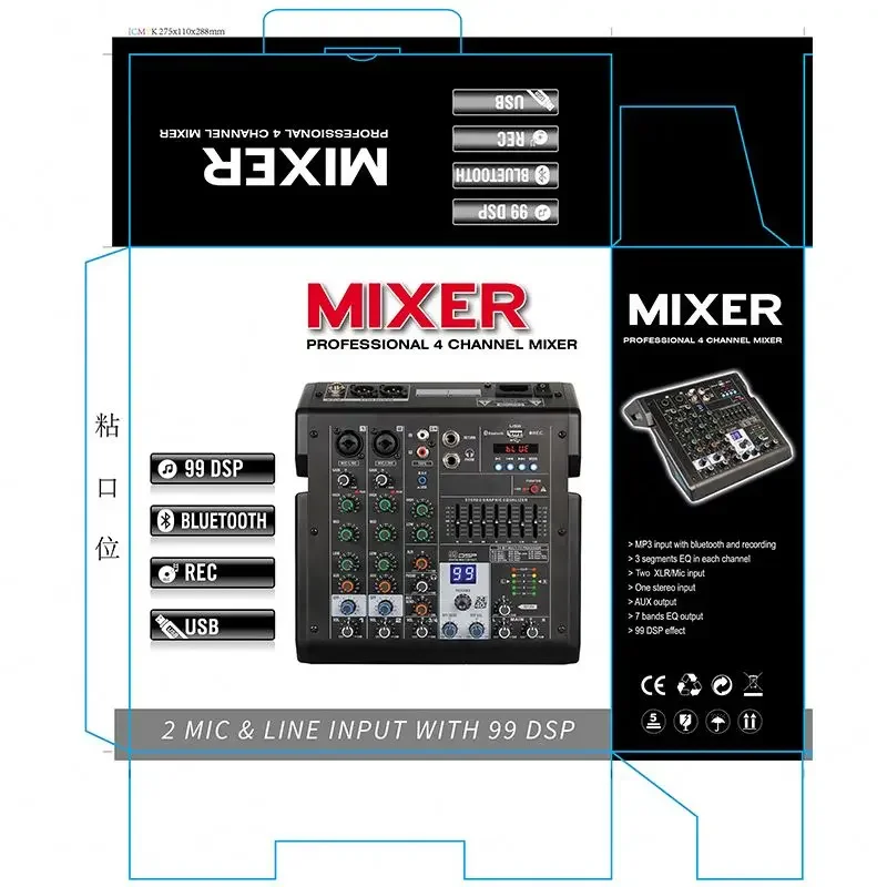 Mixer audio USB professionale a 4 canali BT con DSP OTG per console mixer audio audio DJ Micro Record Live Studio