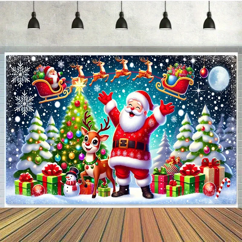 2D Flat, 213.36x152.4 cm Santa Claus Backdrop - Santa and Reindeer Delivering Gifts, Snowflake Pattern - No Power Required Party
