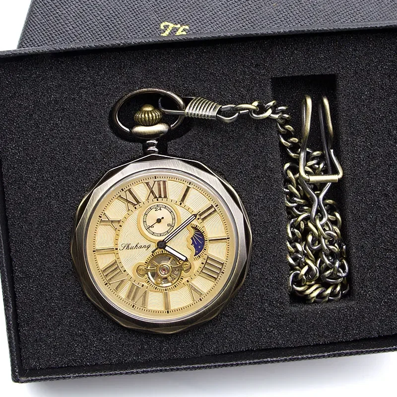 

Luxury High Quality Roman Number Tourbillon Dial Pendant Chain Golden Moon Phase Mechanical Pocket Watch for Men Women PJX1398