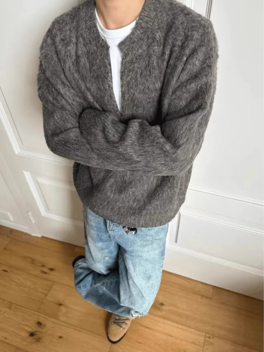 

Korean Sle V-Ne Knitted Sweater Men's Loose Casual ey Color Pure Loose Fit Lazy Sle Versatile Knitted Top