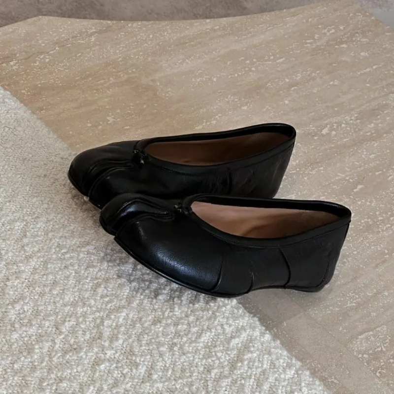 ZR DIARY Pleated Ballet Flats Women Sheeplskin Leather Tabi Split-toe Spring Ladies Shallow Shoes