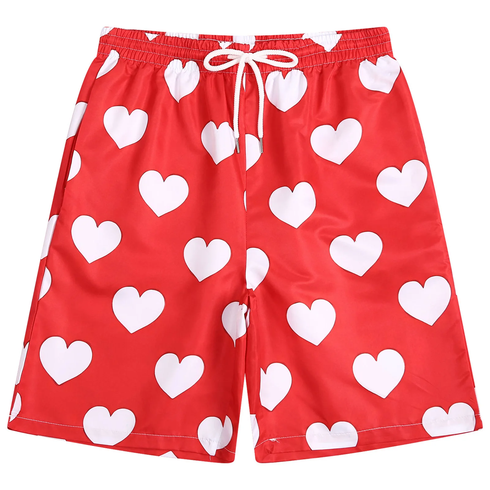 Men Heart Printed Shorts Hawaii Clothes Male Loose Short Pants Drawstring Elastic Waistband Trunks for Vacation Beach Pool Party
