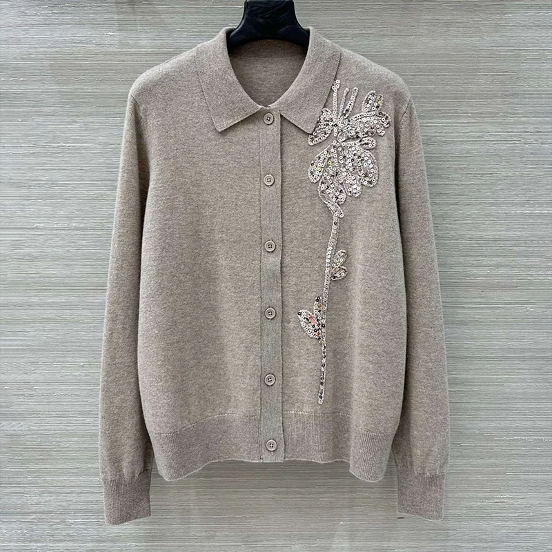 

Высококачественный женский кардиган с блестками и принтом, модный вязаный свитер с лацканами на одной пуговице 25919124