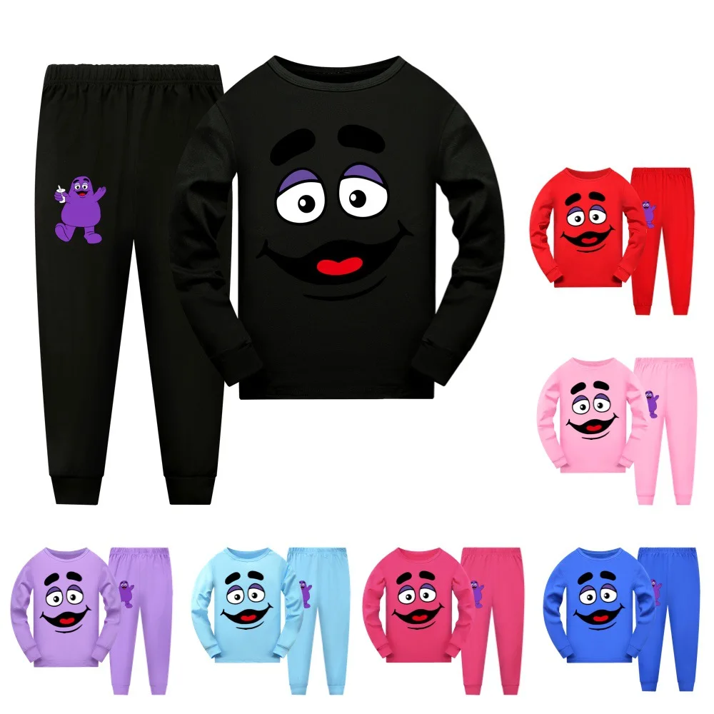 

Hot Sale Grimace Shake Children Home Service Suit Long-sleeved Tops+pants Pajamas Set 2piece Kids Sports Suit