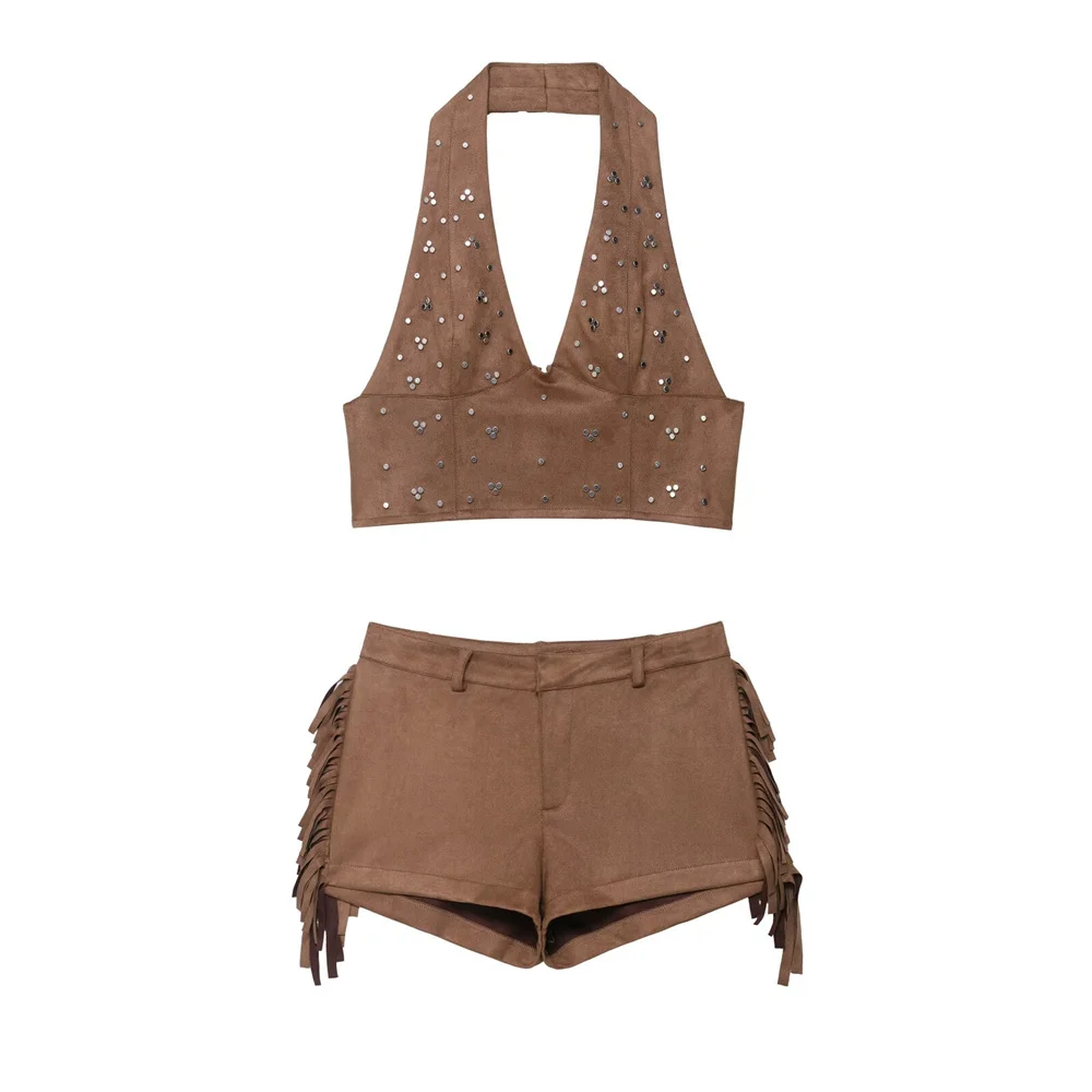 

Sexy and spicy girl slim fit fashionable backless rivet hanging neck top with tassel decoration shorts set