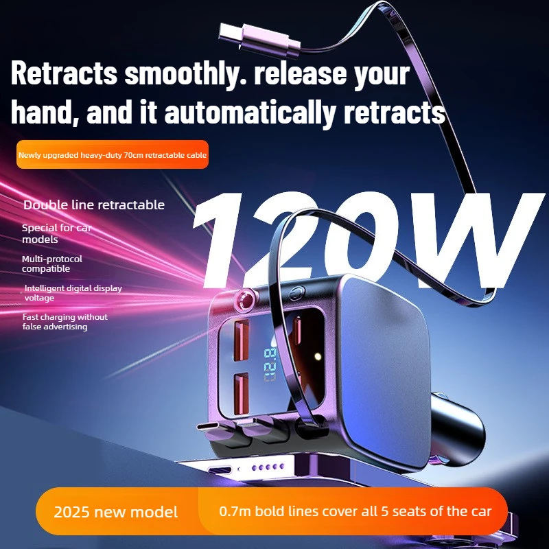 Extendable Cable Car Cigarette Lighter Charger Digital Display Triple Port Fast Charger Fit For IOS And Android Phones