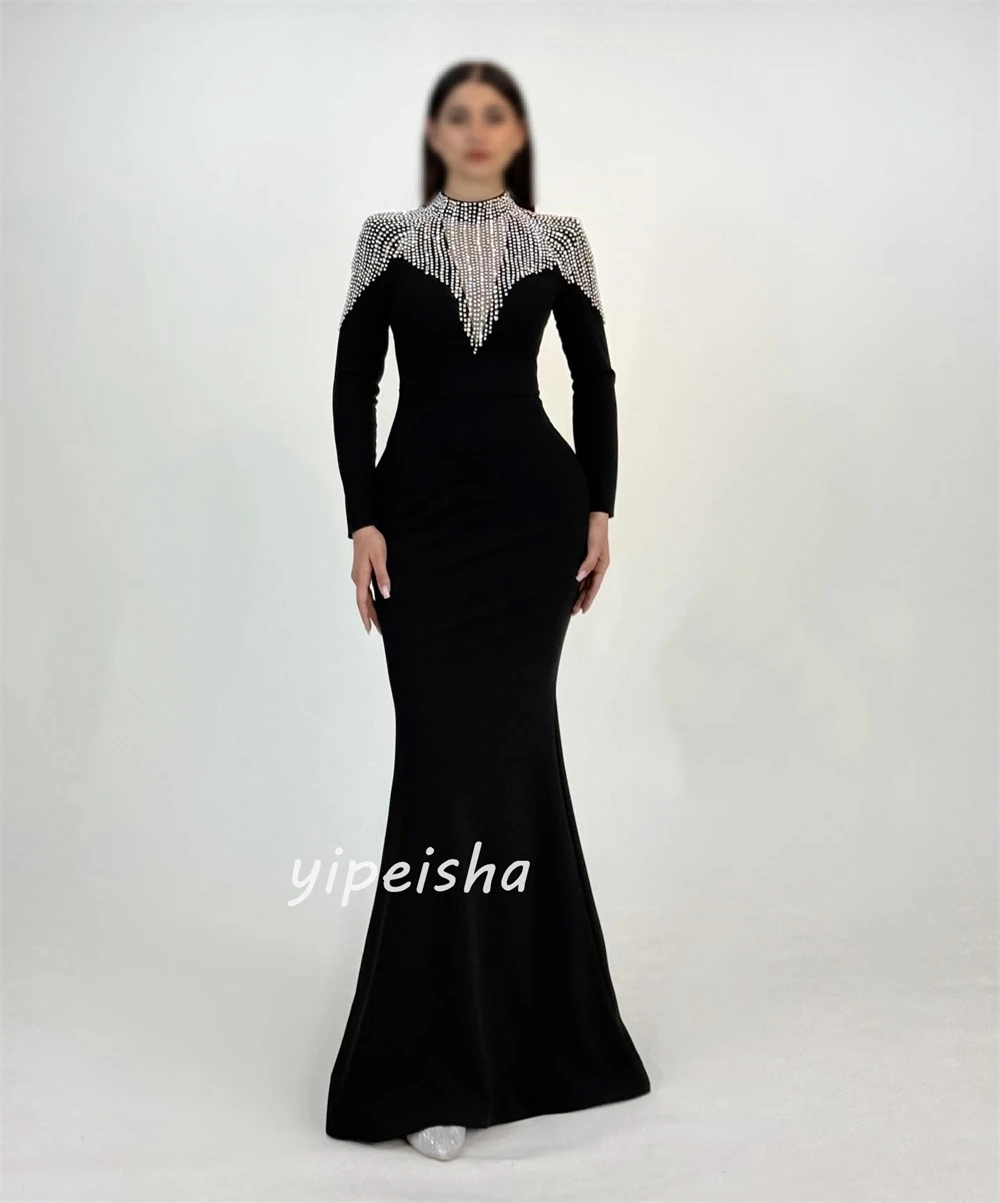 Sukienki na zamówienie w nowoczesnym, eleganckim stylu, z dżerseju, z dżetami, plisowane, o kroju syreny, z wysokim kołnierzem, długie, wysokiej jakości sukienki na specjalne okazje.