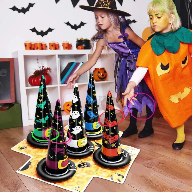 5Pcs Halloween Game Inflatable Witch Hat Ring Toss Pumpkin Ghost Bat Throwing Hoop Toys Kids Gift Halloween Decoration Outdoor