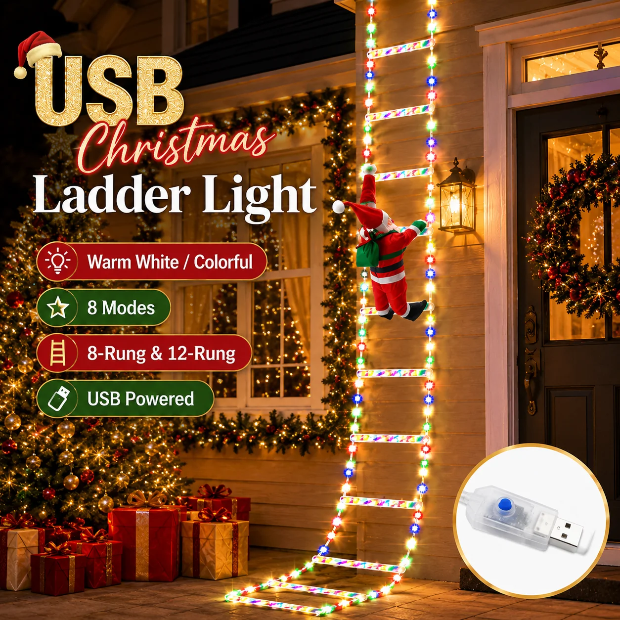 Christmas Lights USB Ladder String Lights 8/12-Rung Santa Climbing Decor 8 Modes for Indoor Outdoor Porch Window Tree Party