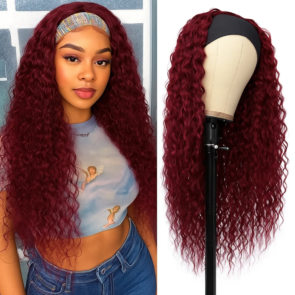 

99J Бордовый парик с повязкой на голову, человеческие волосы, глубокая волна, повязка на голову, парики, красное вино, вьющиеся полупарики, бразильские парики из человеческих волос для женщин