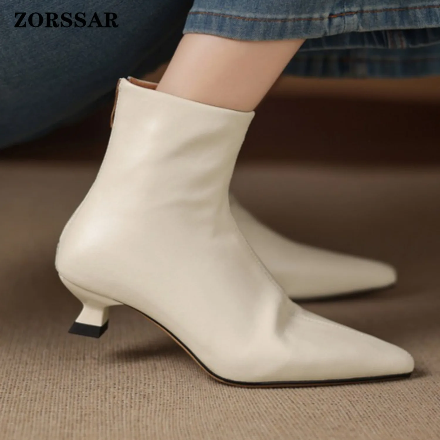 Plus Size 34-42 Genuine Leather Pointed Toe Med Heels Zipper Modern Boots Winter Autumn Shoes Concise Elegant Dress Ankle Boots
