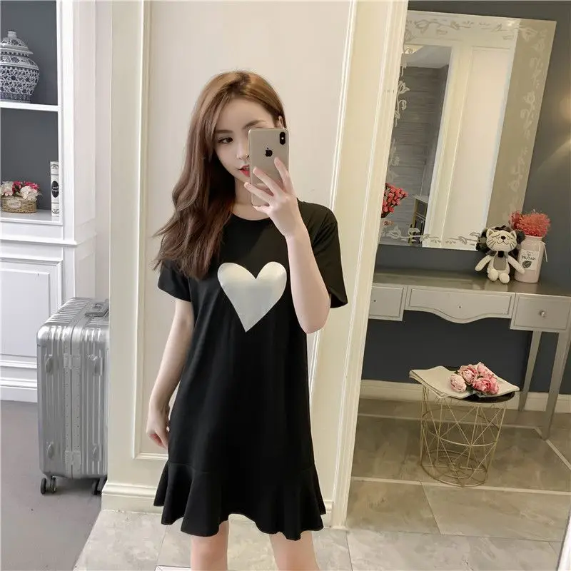 ขนาดบวกR Ufflesพิมพ์เกาหลีแขนสั้นเสื้อยืดชุดฤดูร้อนO-คอหลวมแฟชั่นMidiชุดลําลองวินเทจเสื้อผ้าผู้หญิง