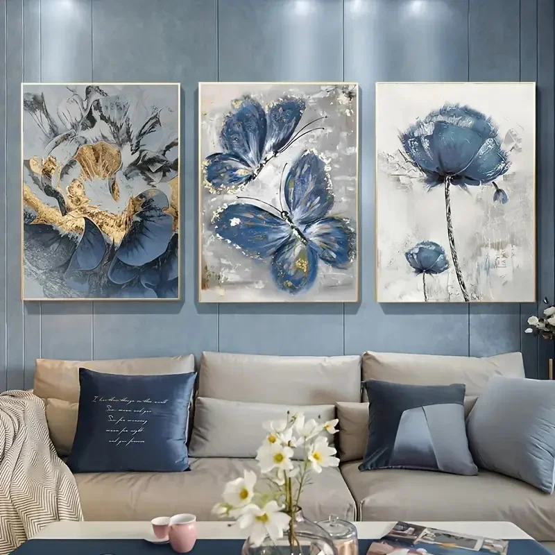 (No frame)3pcs Luxury Flower Butterfly Print Painting Wall Art Canvas Posters for Living Room Bedroom Office Wall Decor Poste