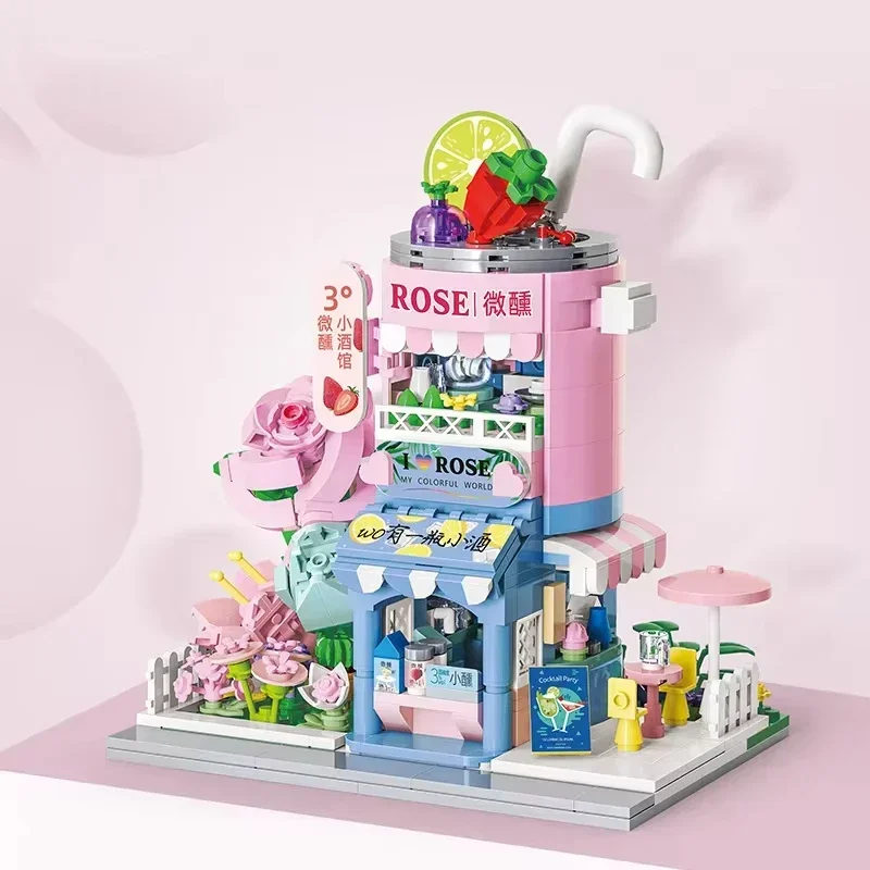 Cute Mini Store Building Blocks Coffee/Lemonade/Rose Shop Model Assembly Education Toys for Kids Girls Holiday Birthday Gifts