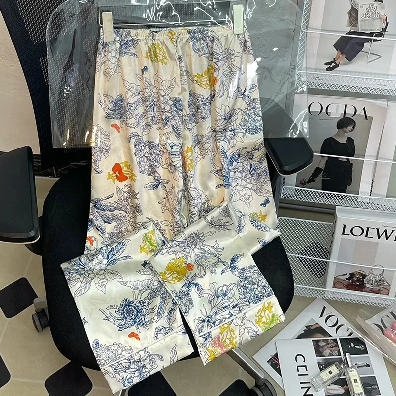 Pajamas Women's Silk Long-sleeved Pajamas Pajamas Suit Flower Printed High-grade Ice Silk Can Be Worn Outside Home Wear Pajamas