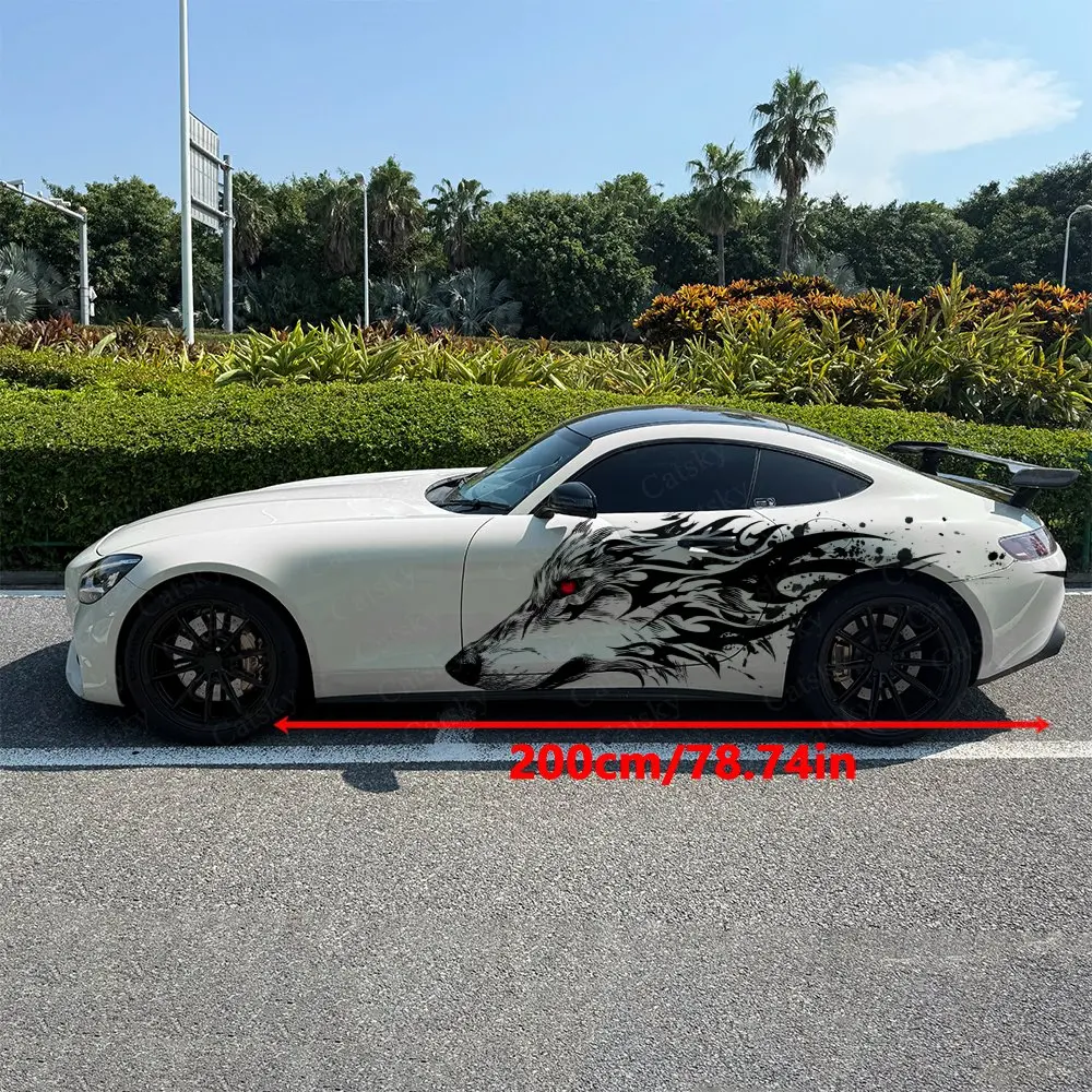 2pcs Red Eyes Black Wolf Car Decal Full Body Floral Decoration Covering Scratches Protect Car Decal Waterproof Car Vinyl Wrap