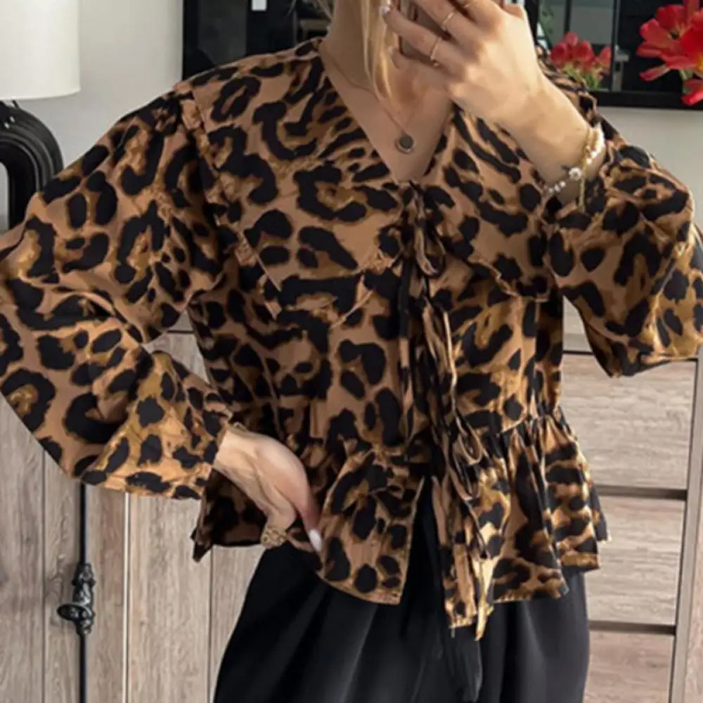 Woman Fashion Leopard Print Top Autumn Casual Lantern Sleeve V Neck Cardigan Lace Up Personality Street Commuting Shirts