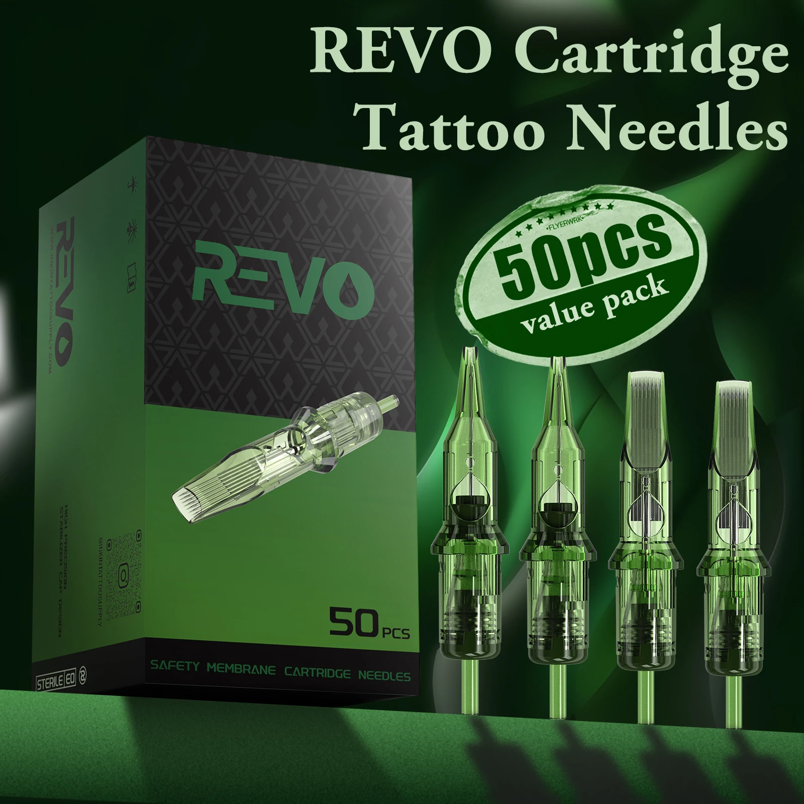 Inkin-REVO tamanhos mistos tatuagem cartucho agulhas, forro esterilizado descartável para cartucho Tattoo Machine Pen, Re-Tolerância, 50pcs