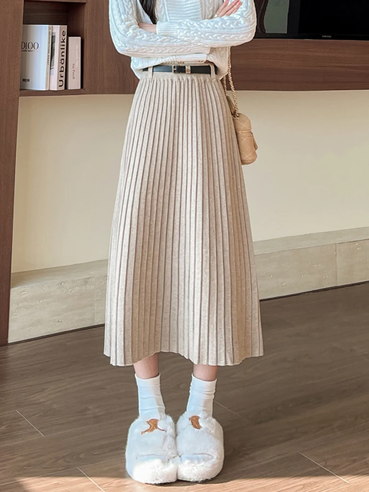 

High Waist A-Line Knitted Pleated Skirt Women's Spring Autumn Winter New Sle Hip Concealing Skirts Girls Ciwalk