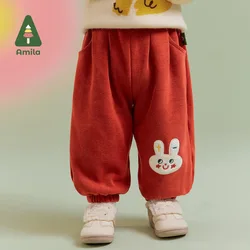 Amila Baby Girl Casual Pants 2024 Winter New Multicolor Fleecing Cartoon Pattern Miękka, przytulna odzież dla niemowląt