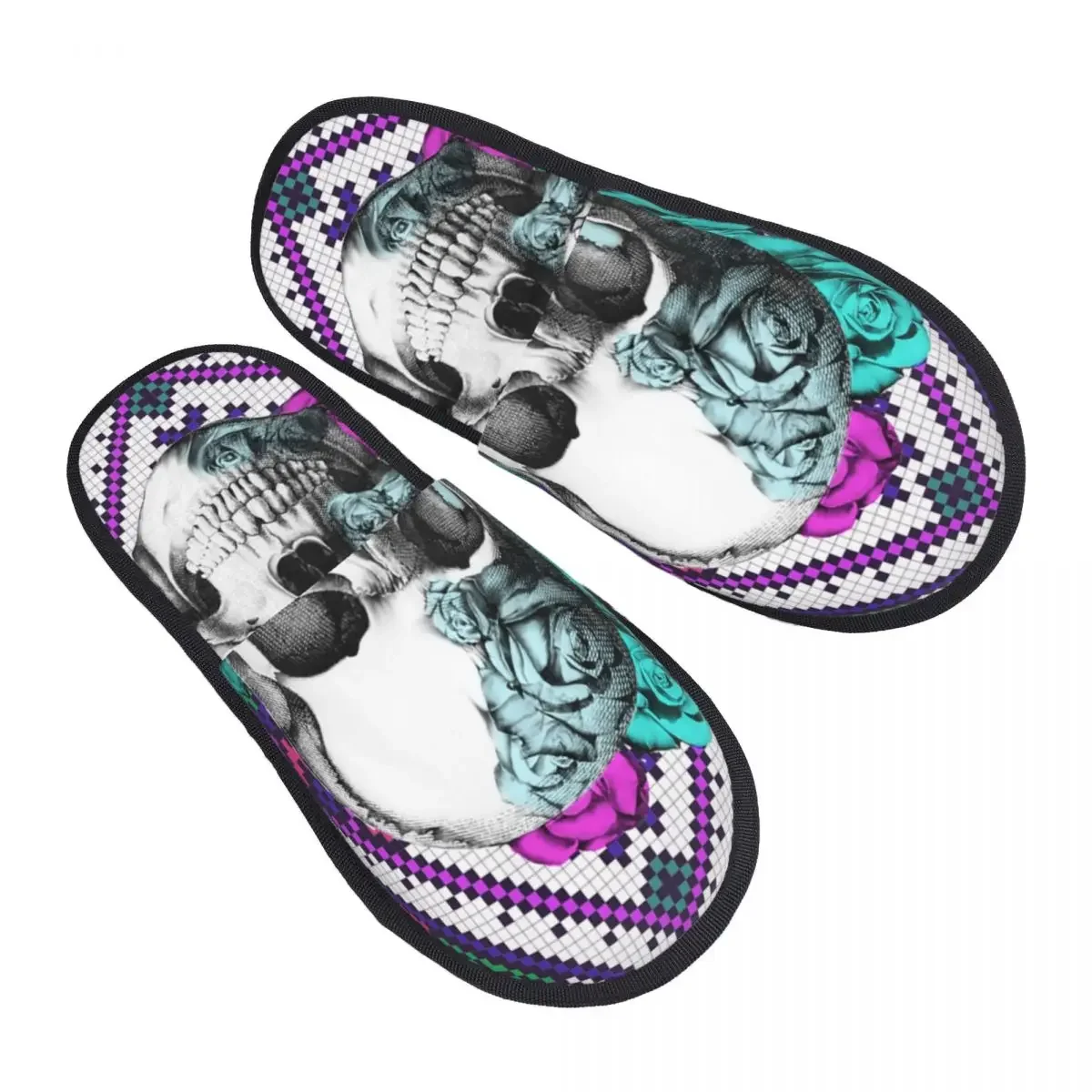 Aztec Rose Skull In And Teal Comfort Scuff With Memory Foam Slippers Women Day Of The Dead Bedroom House Shoes