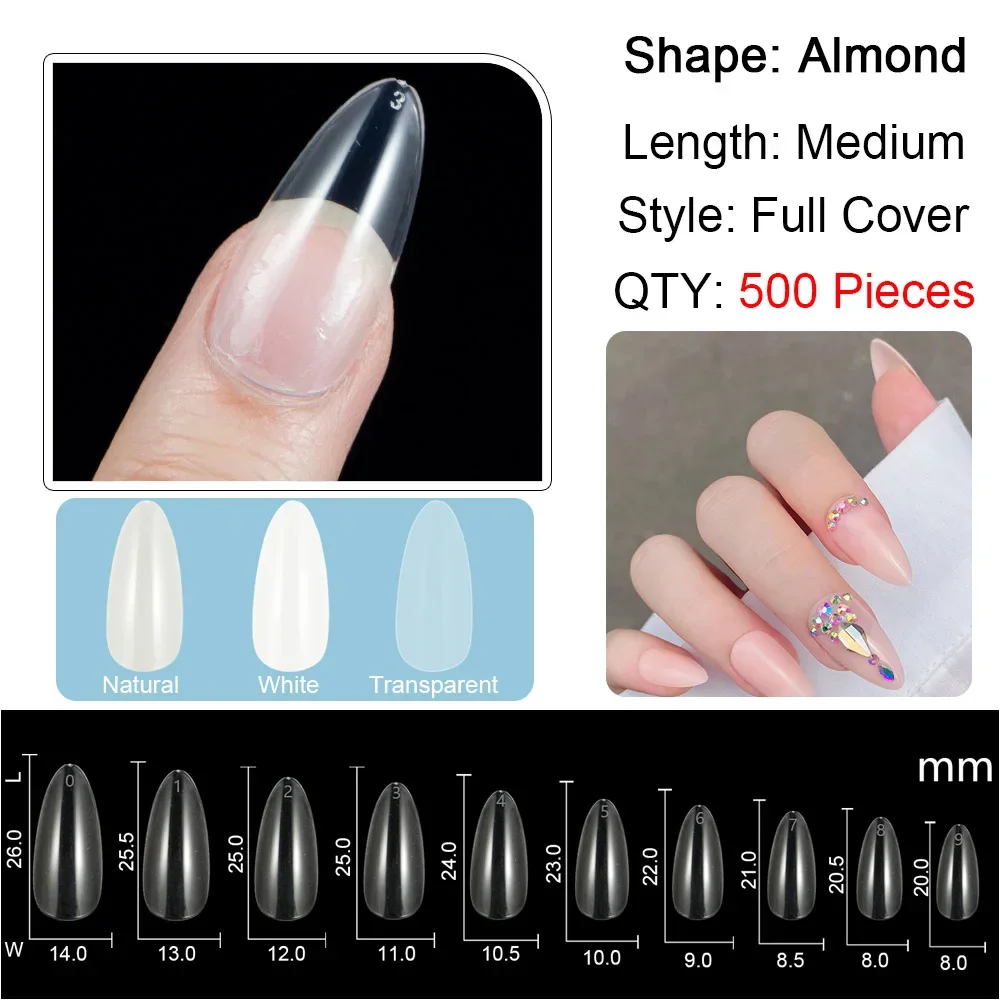 

Buy in Bulk Pay One Shipping Fee Only 500 Pieces/Pack Medium Almond False Nail Tips Full Cover Fake Nail Tips Acrylic Nails