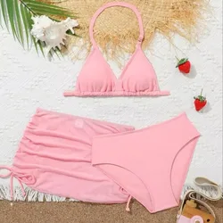 8-12Y Girls Bikini Swimsuit With Drawstring Beach Skirt Kids Swimsuit 3-pieces Biquini Infantil Swimming Suit for Children Teens