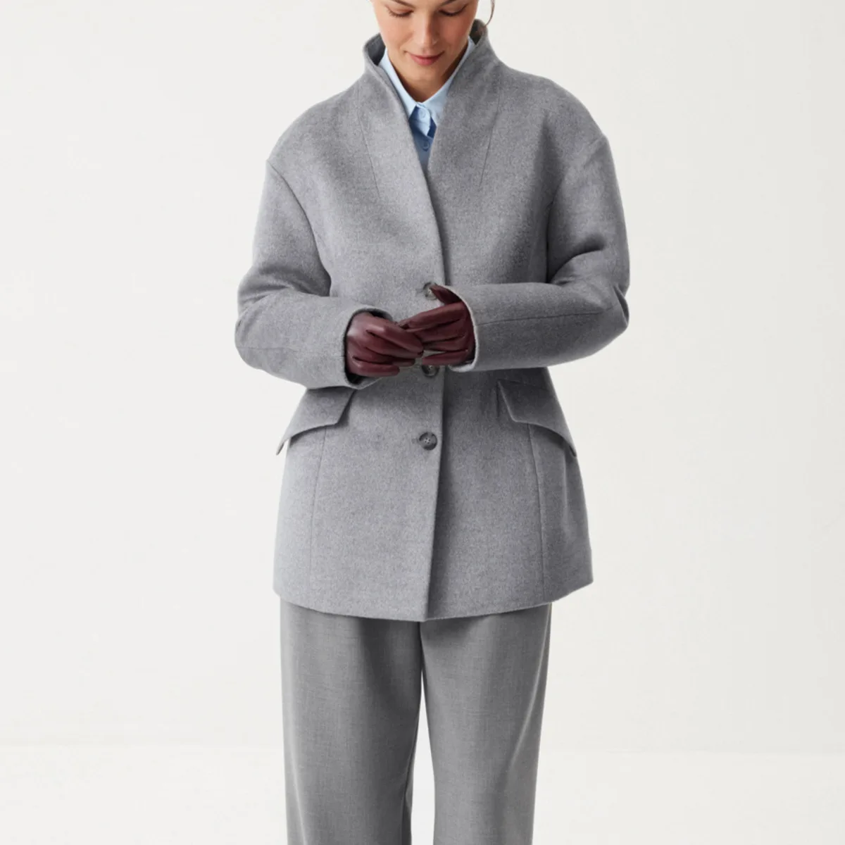 IG Women Stand Collar Single Breasted Cotton-Blend Short Coat, Waisted Fit with Flap Pockets, Elegant Office Casual Outerwear