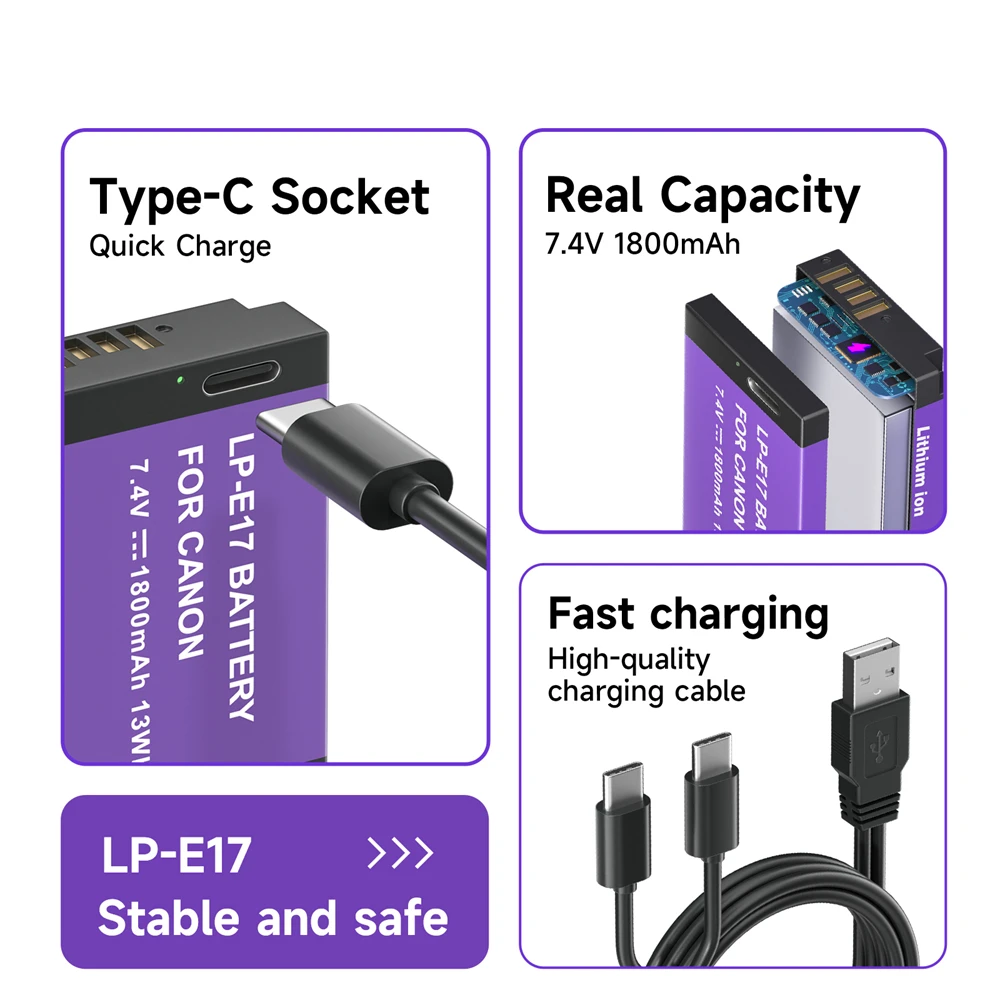 PALO LP-E17 LP-E8 LP-E6 LP-E10 Bateria LP E17 LP E8 LP E6 LP E10 Bateria ładująca typu C do aparatu cyfrowego Canon + bezpłatny kabel USB