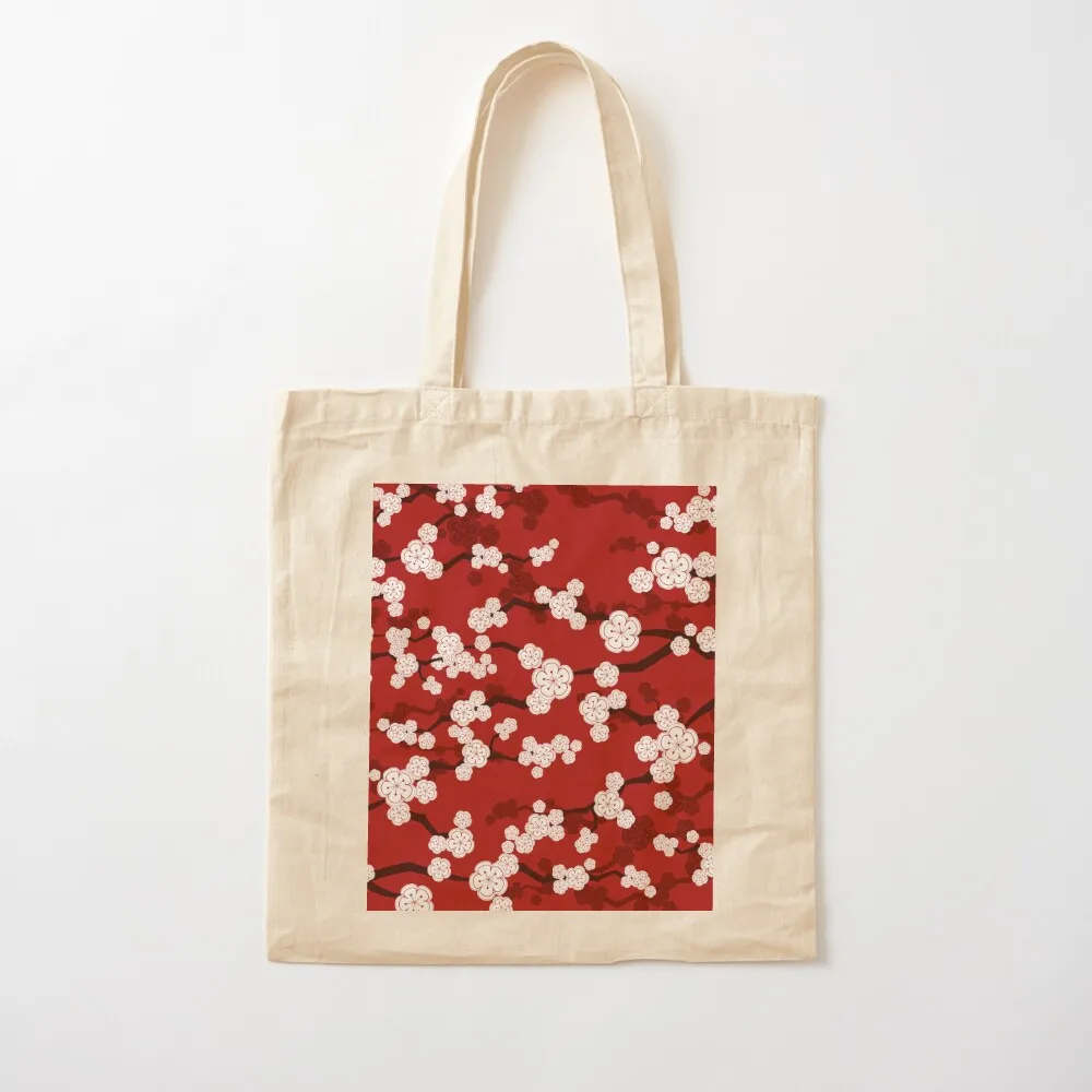 

White Oriental Cherry Blossoms On Red Zen Japanese Sakura Flowers  fatfatin Tote Bag tote bag screen canvas tote