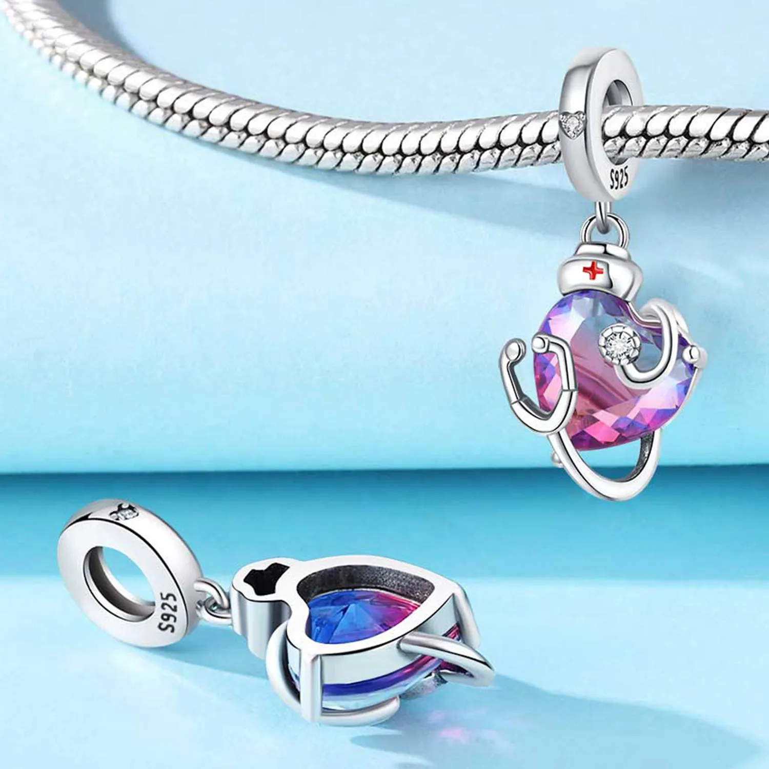 CYCUFF 925 Sterling Silver Nurse Stethoscope Gradient Heart-shaped Pendant Charms Original Bracelet Woman Birthday Fine Jewelry