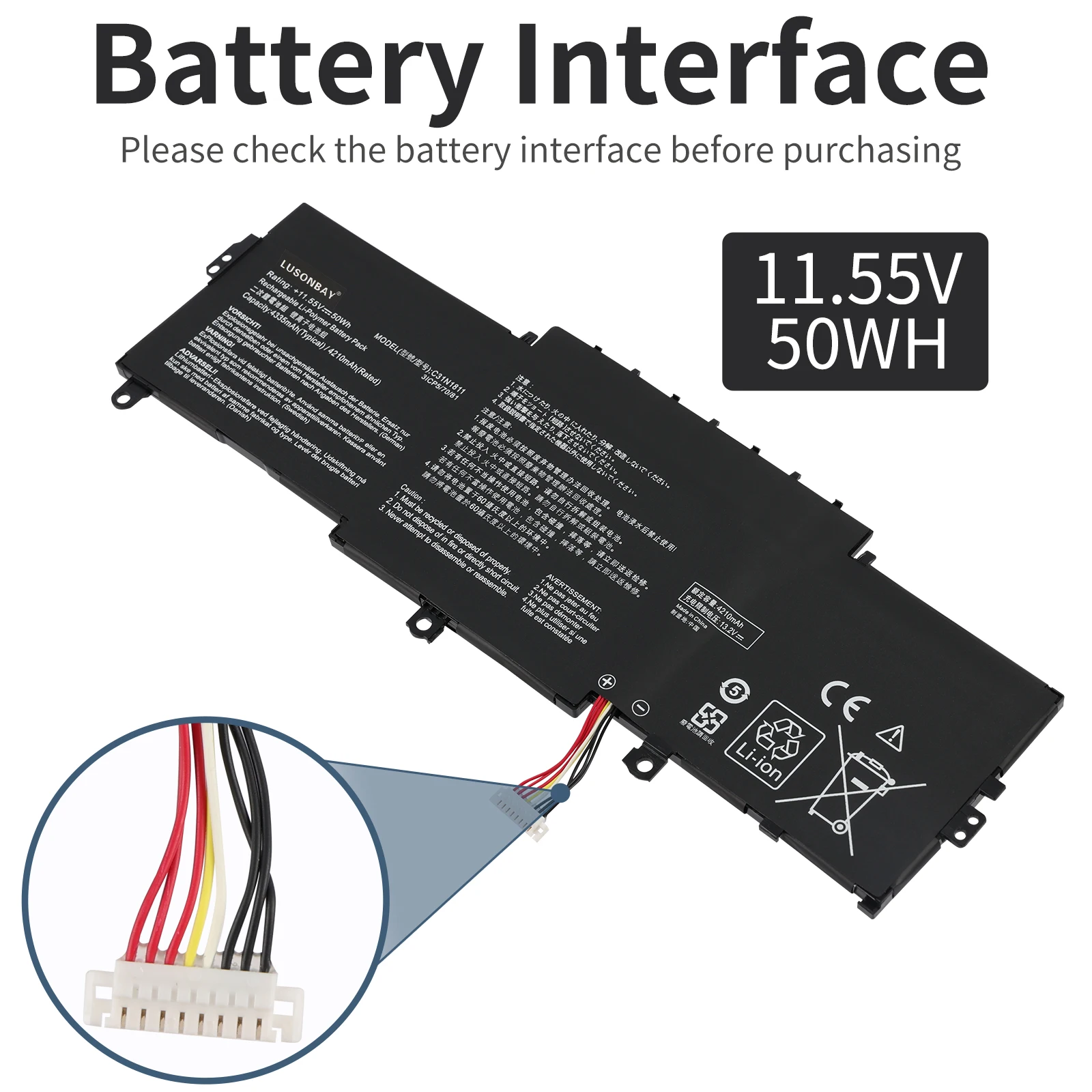 LUNSONBAY 50WH C31N1811 Laptop Battery For ASUS ZenBook 14 UX433F UX433FA-A5046R 0B200-03080000 For ASUS BX433FN UX433FN-2S