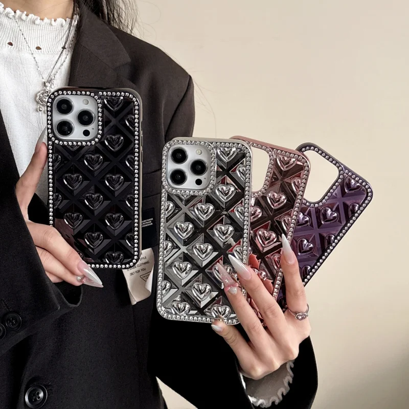 

Electroplated three-dimensional heart-shaped rhinestone suitable for useiPhone16promaxNew women's phone case, full protection an