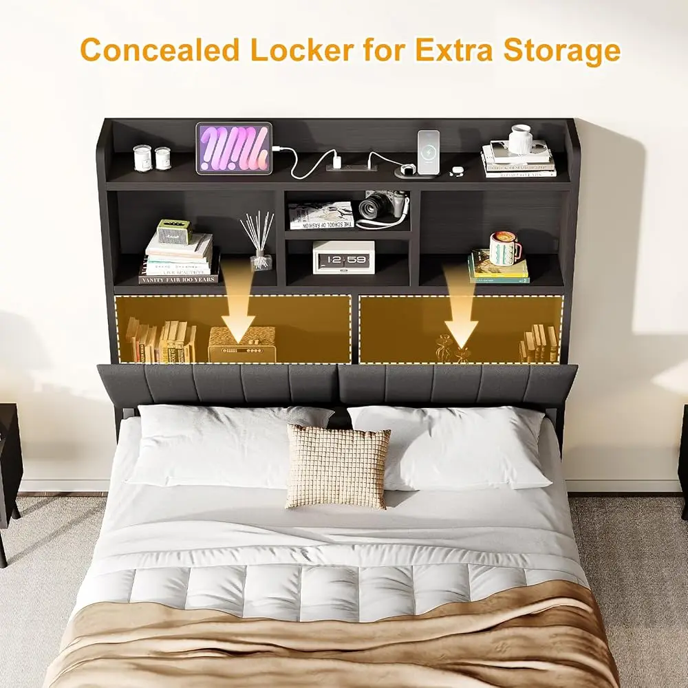 Rangka Tempat Tidur Penuh Dengan Headboard Rak Buku, Tempat Tidur Platform Berlapis Rumah Pertanian Dengan 4 Laci Penyimpanan, Tempat Tidur Led Dengan Pengisian Daya