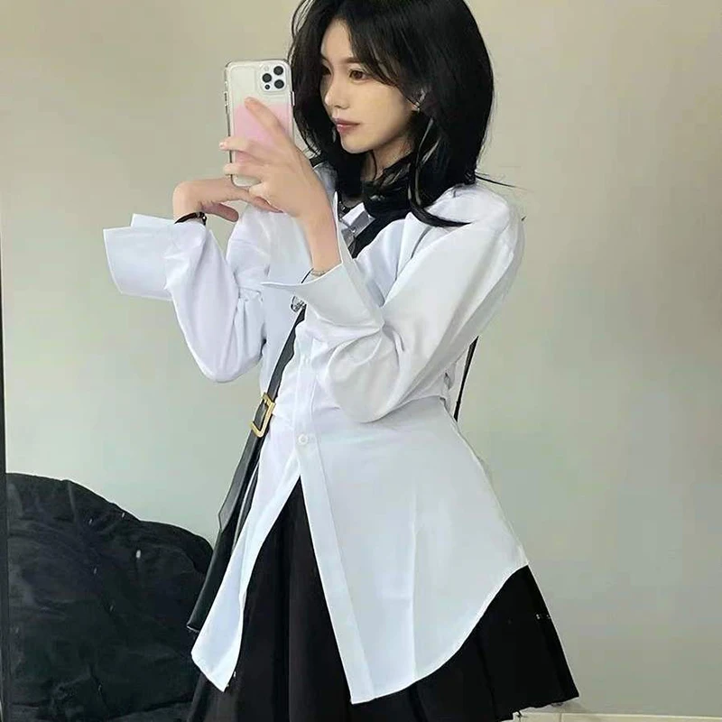 Y2k Women White Shirts Korean Sweet Slim Folds Long Sleeve Female Casual Blouse Fashion New All Match Chic Office Ladies Tops