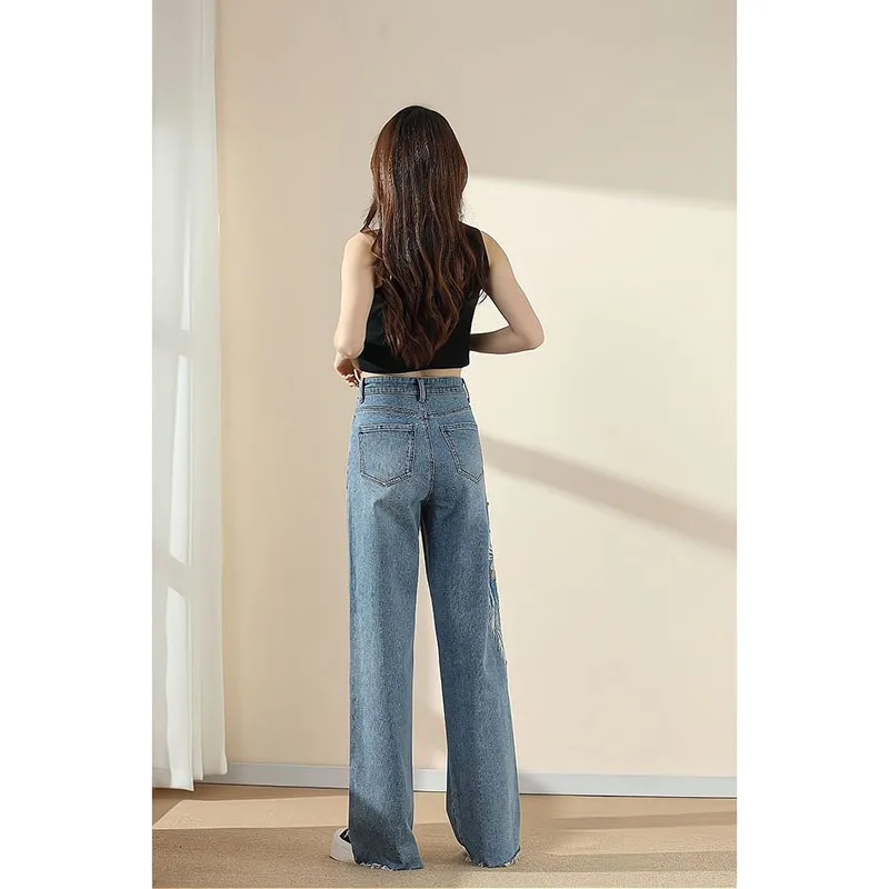 Jeans de cintura alta de perna larga para mulheres, bordado Phoenix, tubo reto, calças soltas, na moda, fino, trompete, caído, verão, novo