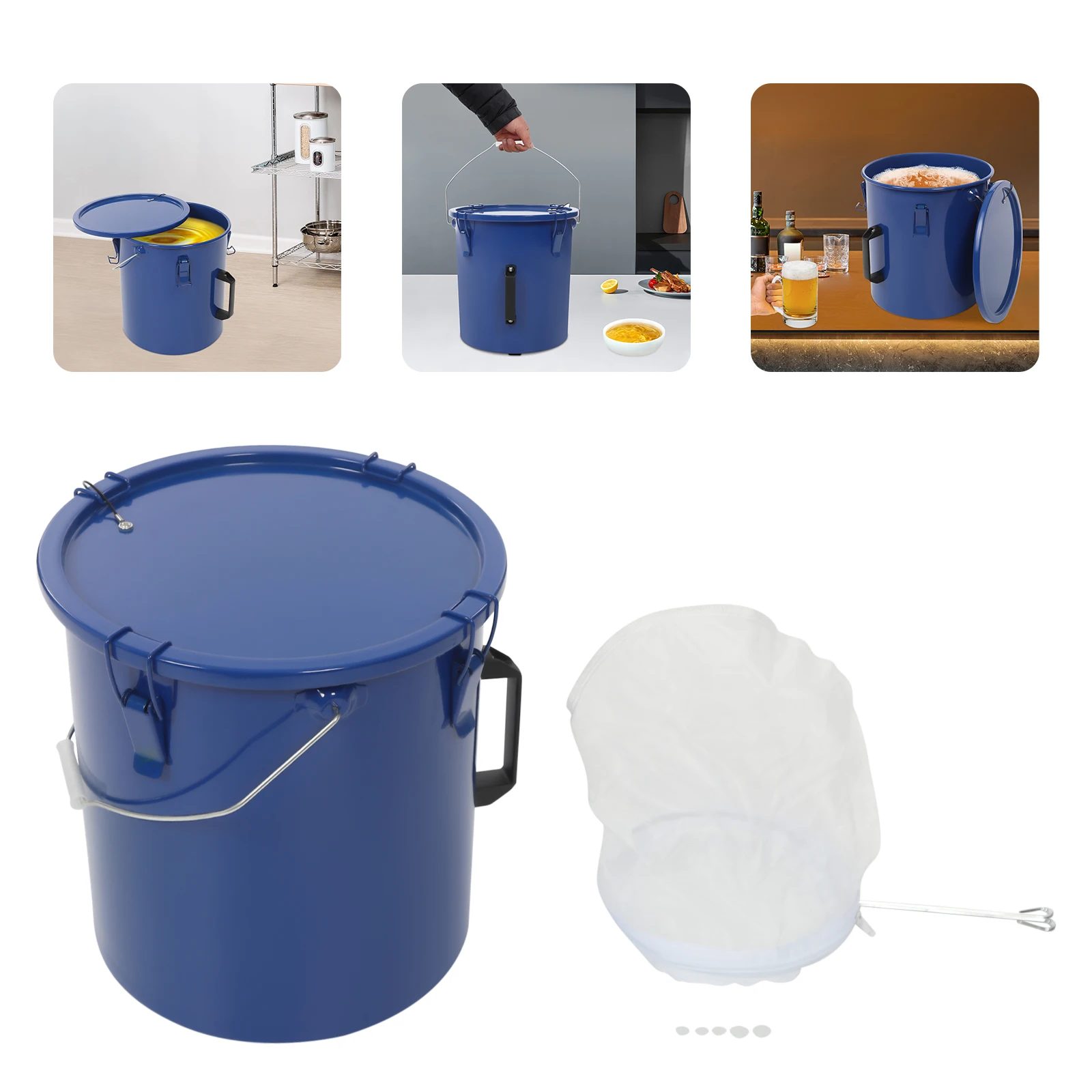 

6 Gal Blue Fryer Grease Bucket,Carbon Steel Round Oil Bucket with Lid 4 Lock Clips Freestanding 30*33cm for Restaurant Kitchens