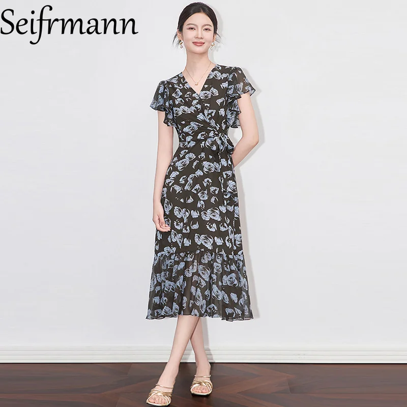Seifrmann V คอแขนผีเสื้อโบว์ชุดลําลองสตรีพิมพ์ลายดอกไม้ Slim-Fit Elegant Beach Party ชุดเดรสฤดูร้อน