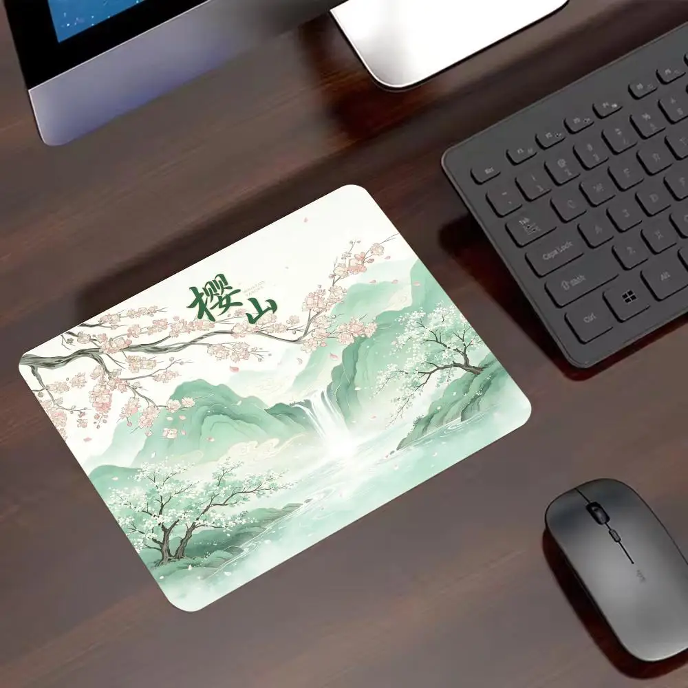 Sakura Floral Scenery Small Mouse Pad, Non-Slip Rubber Desk Mat Aesthetic Landscape Mousepad for Office Laptop Desktop