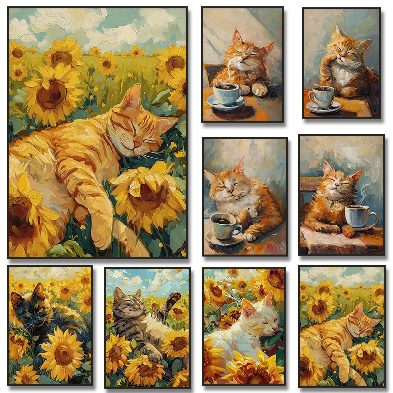 Orange Cat Lying Sunflower Poster Cute Cats Drink Coffee Canvas Painting for Living Room Wall Art Picture Home Decor Mural