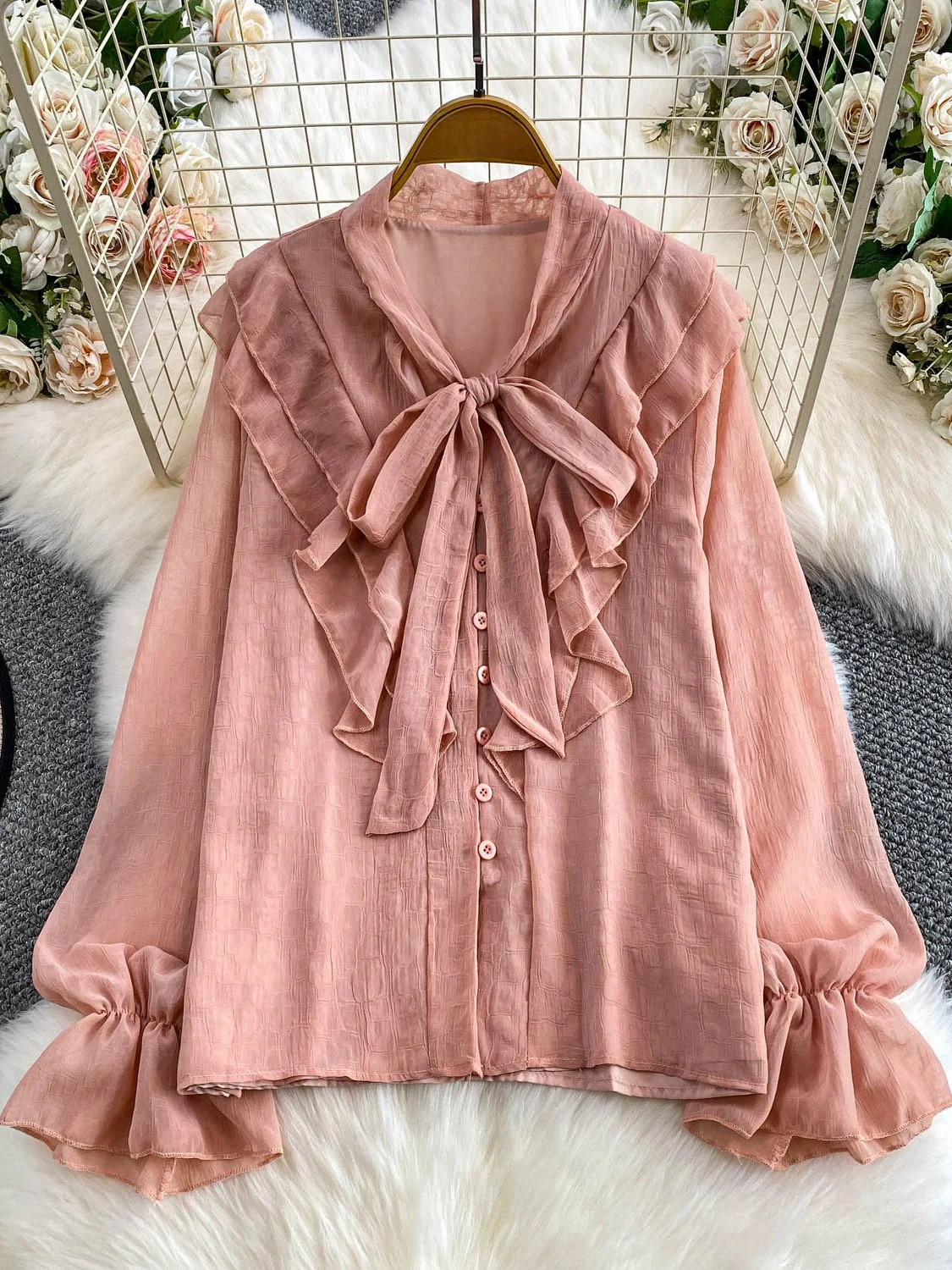 

Gentle Pink Ruffle Hem V-Ne Bell Sve irt Women's Autumn Maturi Sweet Knot Top Faion Casual Loose Fit