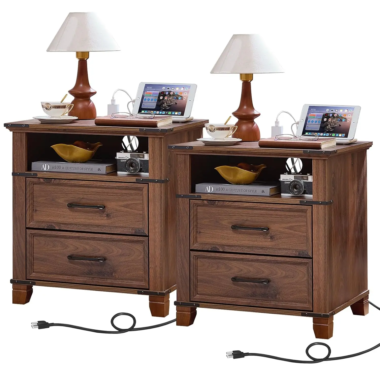 Farmhouse Nightstand Set with Charging 2