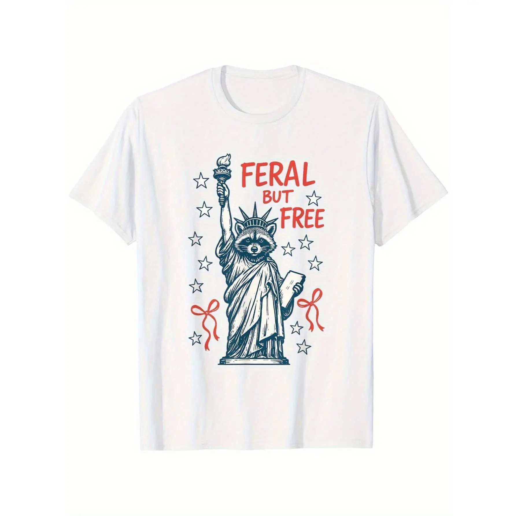 

Feral But Free Raccoon T-shirt Men Women Funny Statue of Liberty Graphic Tee American Freedom Patriot Gift Unisex